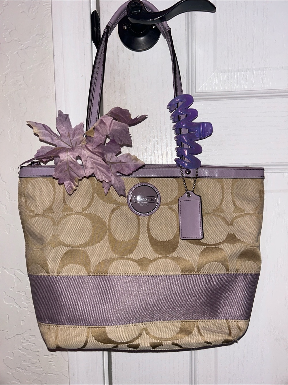 Coach Beige Signature Tote with Lavender Trim